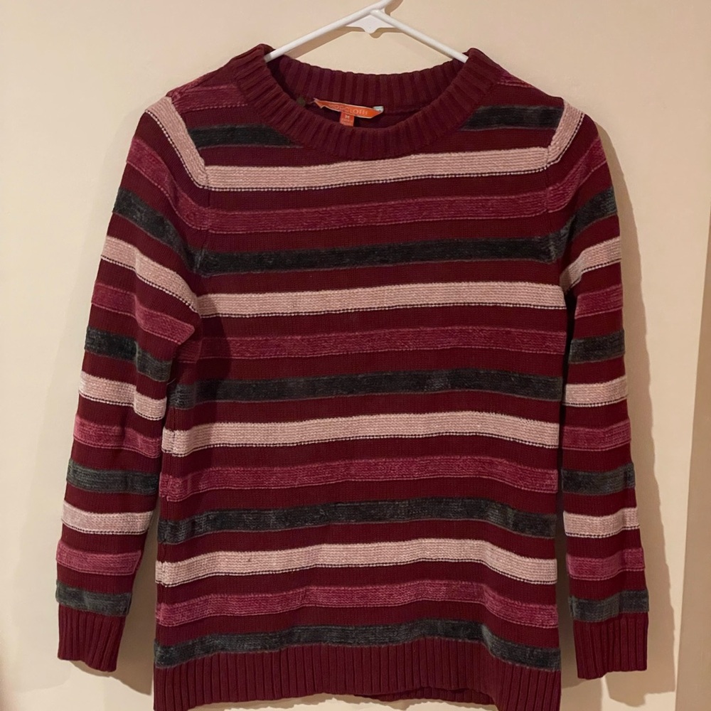 Striped Chenille Burgundy, Pink and Gray Crew Neck Sweater